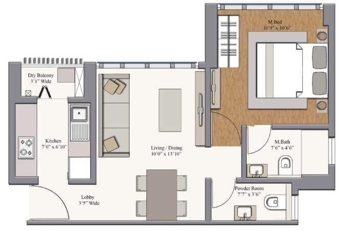 Floor plan of 1 BHK 439 Sq. Ft. Apartment in Piramal Revanta Tower 3 and 4, Mumbai
