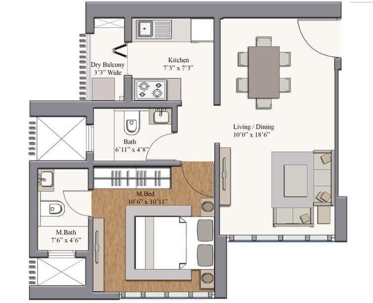 Floor plan of 1 BHK 471 Sq. Ft. Apartment in Piramal Revanta Tower 3 and 4, Mumbai