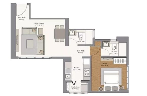 Floor plan of 1 BHK 485 Sq. Ft. Apartment in Piramal Revanta Tower 3 and 4, Mumbai