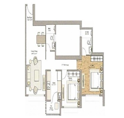 Floor plan of 2 BHK 606 Sq. Ft. Apartment in Piramal Revanta Tower 3 and 4, Mumbai