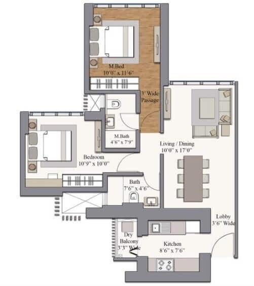 Floor plan of 2 BHK 660 Sq. Ft. Apartment in Piramal Revanta Tower 3 and 4, Mumbai