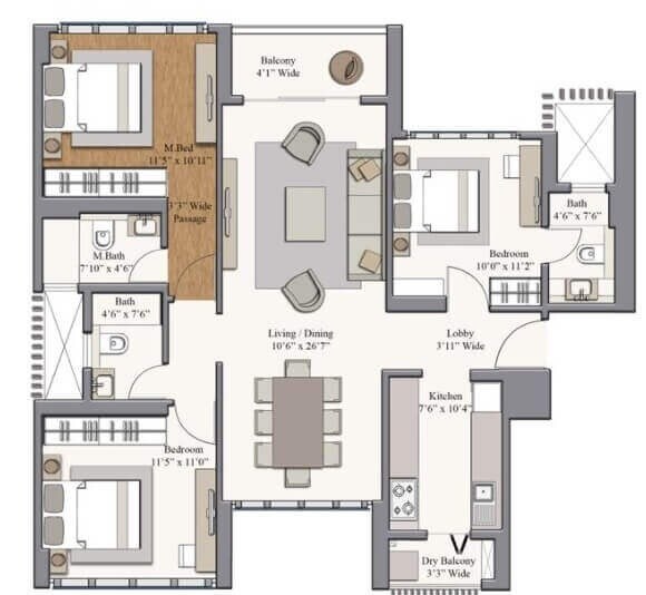 Floor plan of 3 BHK 1030 Sq. Ft. Apartment in Piramal Revanta Tower 3 and 4, Mumbai