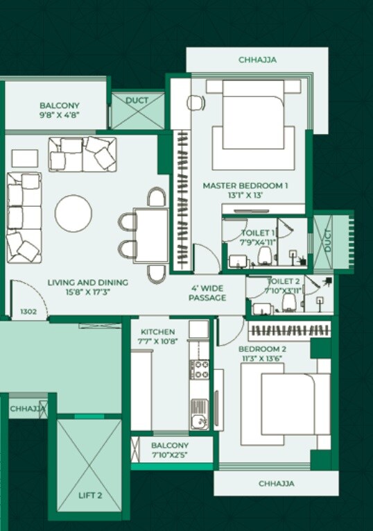 Floor plan of 2 BHK 830 Sq. Ft. Apartment in Pittie Paradise, Mumbai