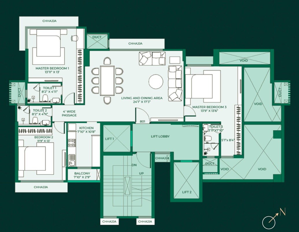 Floor plan of 3 BHK 1270 Sq. Ft. Apartment in Pittie Paradise, Mumbai