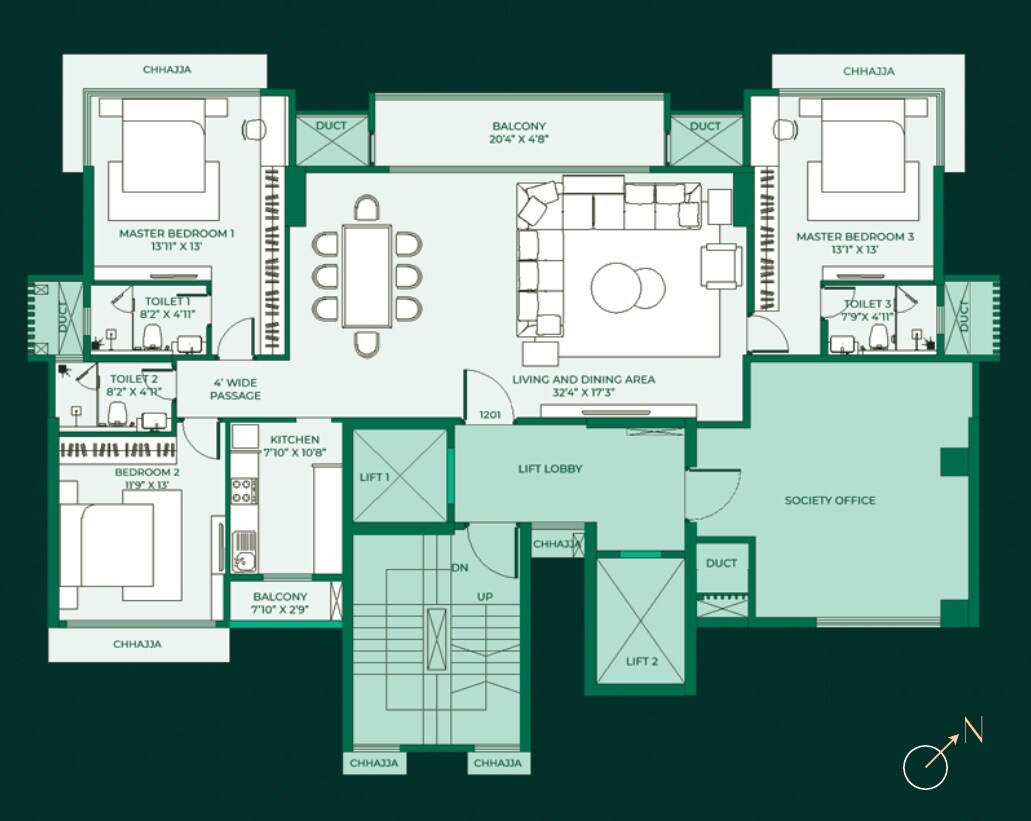 Floor plan of 3 BHK 1292 Sq. Ft. Apartment in Pittie Paradise, Mumbai