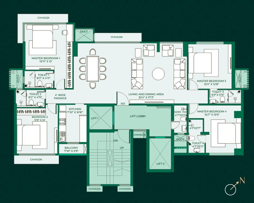 Floor plan of 4 BHK 1618 Sq. Ft. Apartment in Pittie Paradise, Mumbai