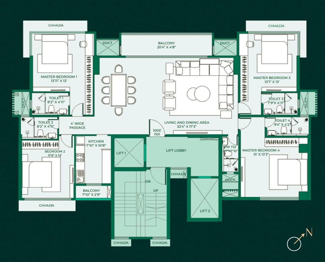 Floor plan of 4 BHK 1709 Sq. Ft. Apartment in Pittie Paradise, Mumbai