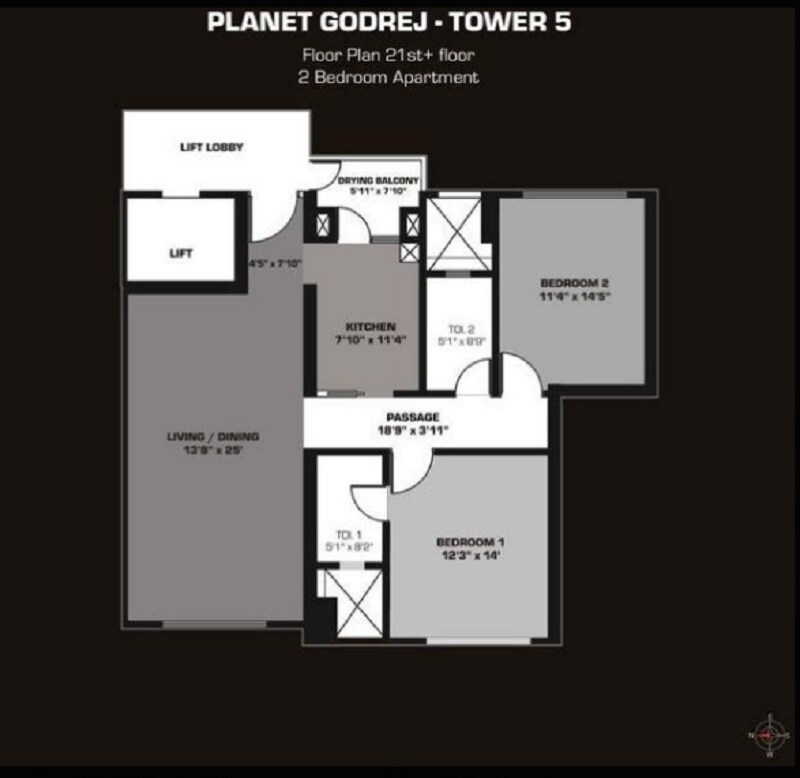 Floor plan of 2 BHK 1454 Sq. Ft. Apartment in Planet Godrej, Mumbai