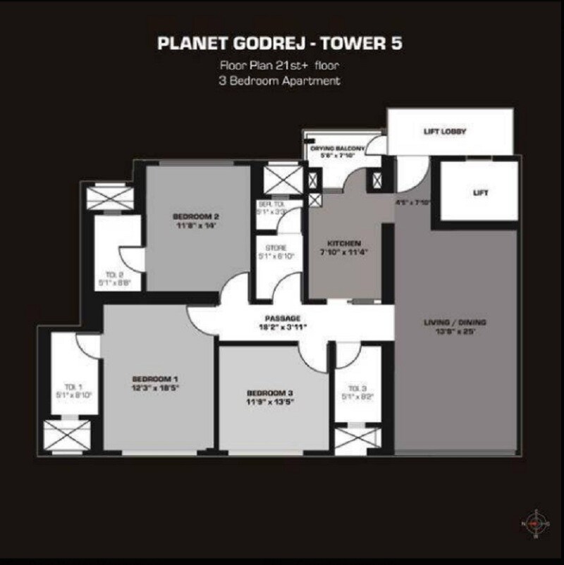 Floor plan of 3 BHK 1770 Sq. Ft. Apartment in Planet Godrej, Mumbai