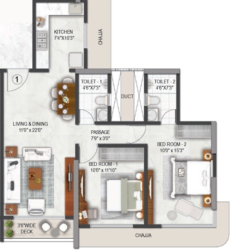 Floor plan of 2 BHK 760 Sq. Ft. Apartment in Platinum Avenue, Mumbai
