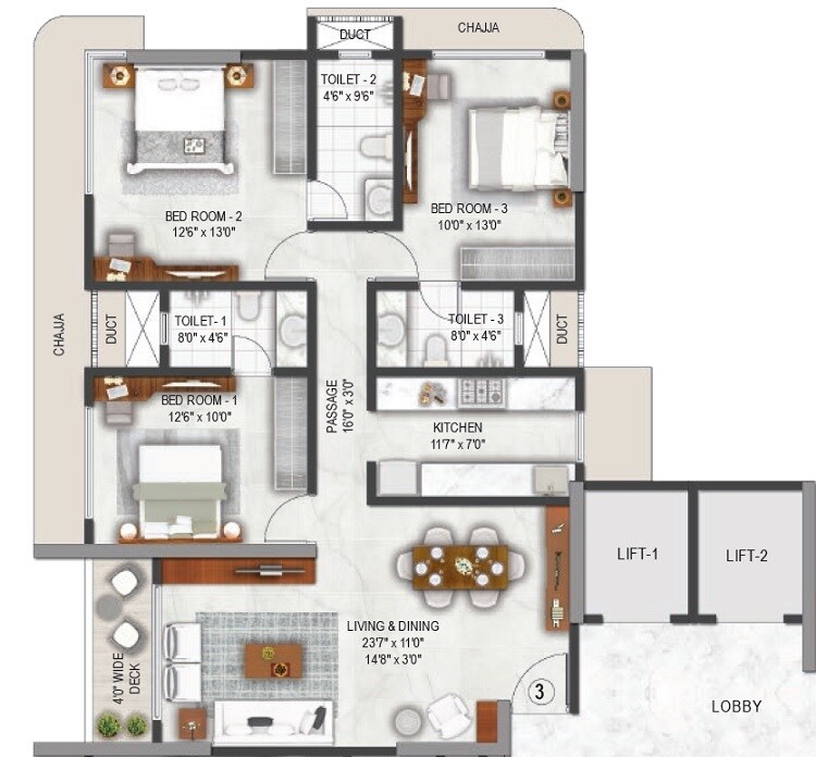 Floor plan of 3 BHK 1080 Sq. Ft. Apartment in Platinum Avenue, Mumbai