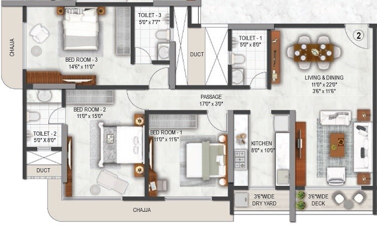 Floor plan of 3 BHK 1115 Sq. Ft. Apartment in Platinum Avenue, Mumbai
