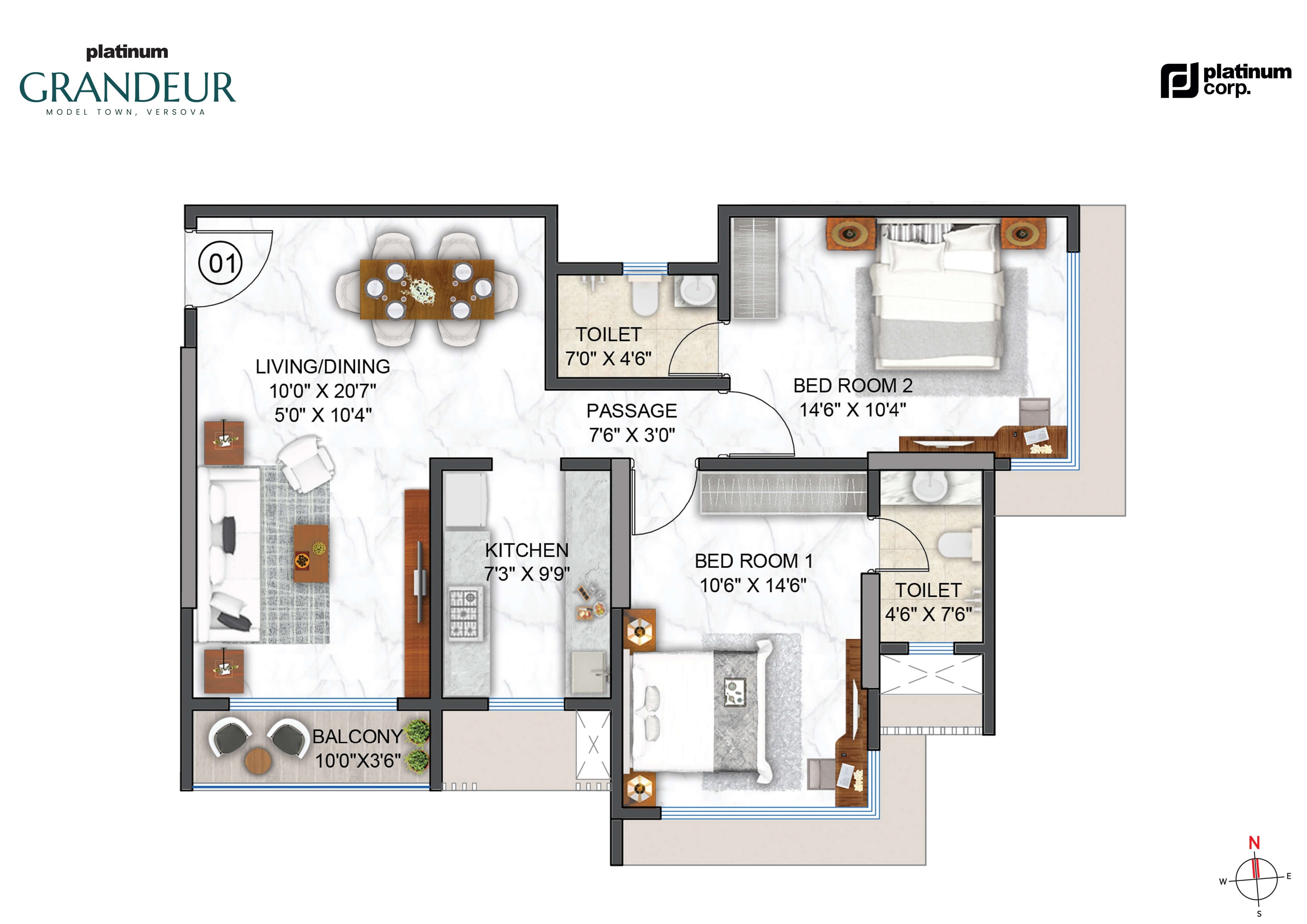 Floor plan of 2 BHK 800 Sq. Ft. Apartment in Platinum Grandeur, Mumbai