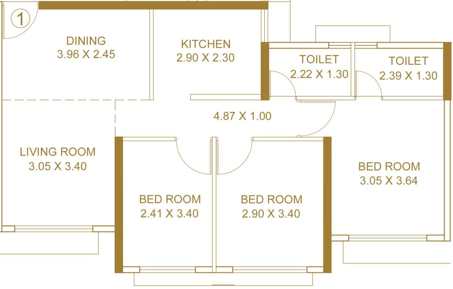 Floor plan of 3 BHK 805 Sq. Ft. Apartment in Platinum Life, Mumbai
