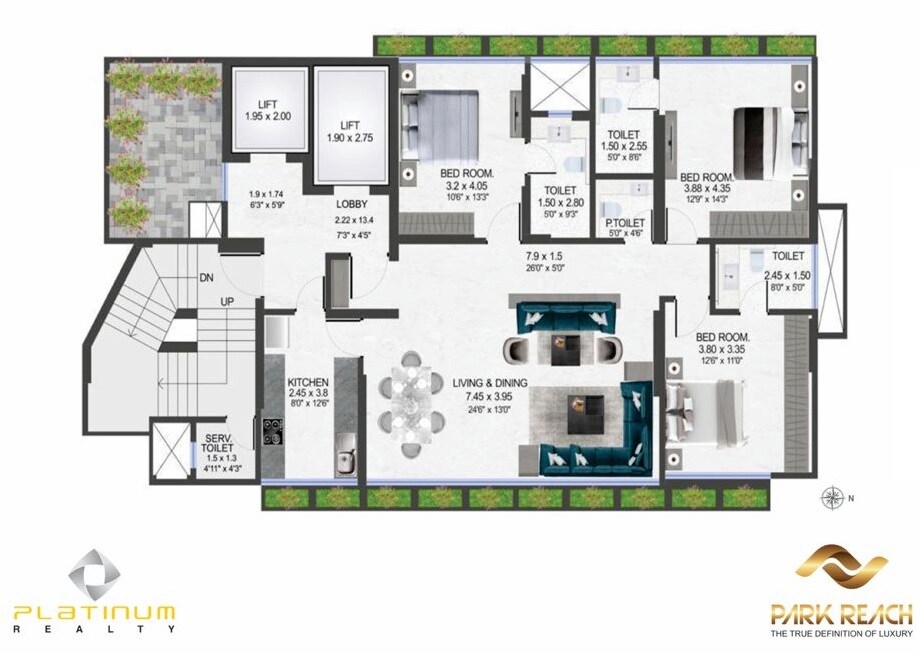 Floor plan of 3 BHK 1228 Sq. Ft. Apartment in Platinum Park Reach, Mumbai