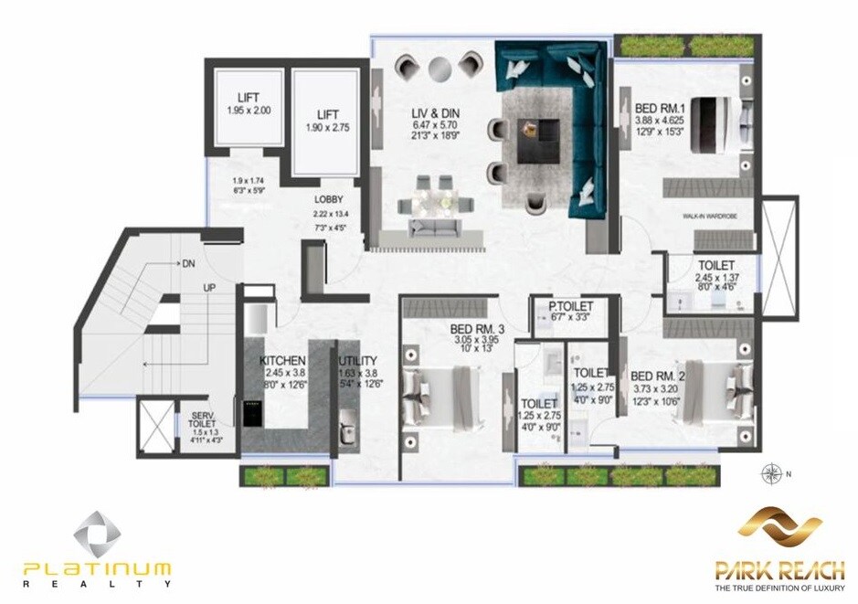 Floor plan of 3 BHK 1253 Sq. Ft. Apartment in Platinum Park Reach, Mumbai