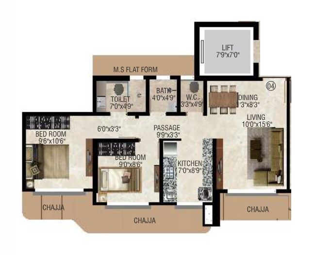 Floor plan of 2 BHK 595 Sq. Ft. Apartment in Platinum Residency Mumbai, Mumbai