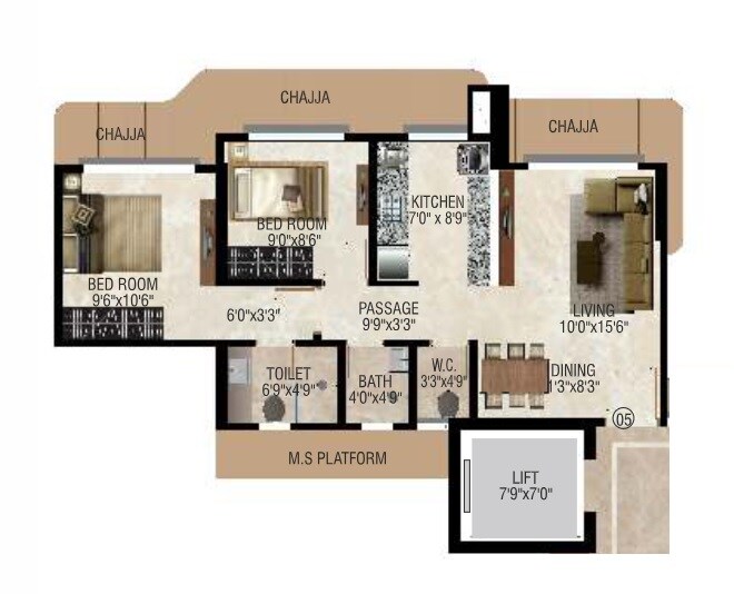 Floor plan of 2 BHK 695 Sq. Ft. Apartment in Platinum Residency Mumbai, Mumbai