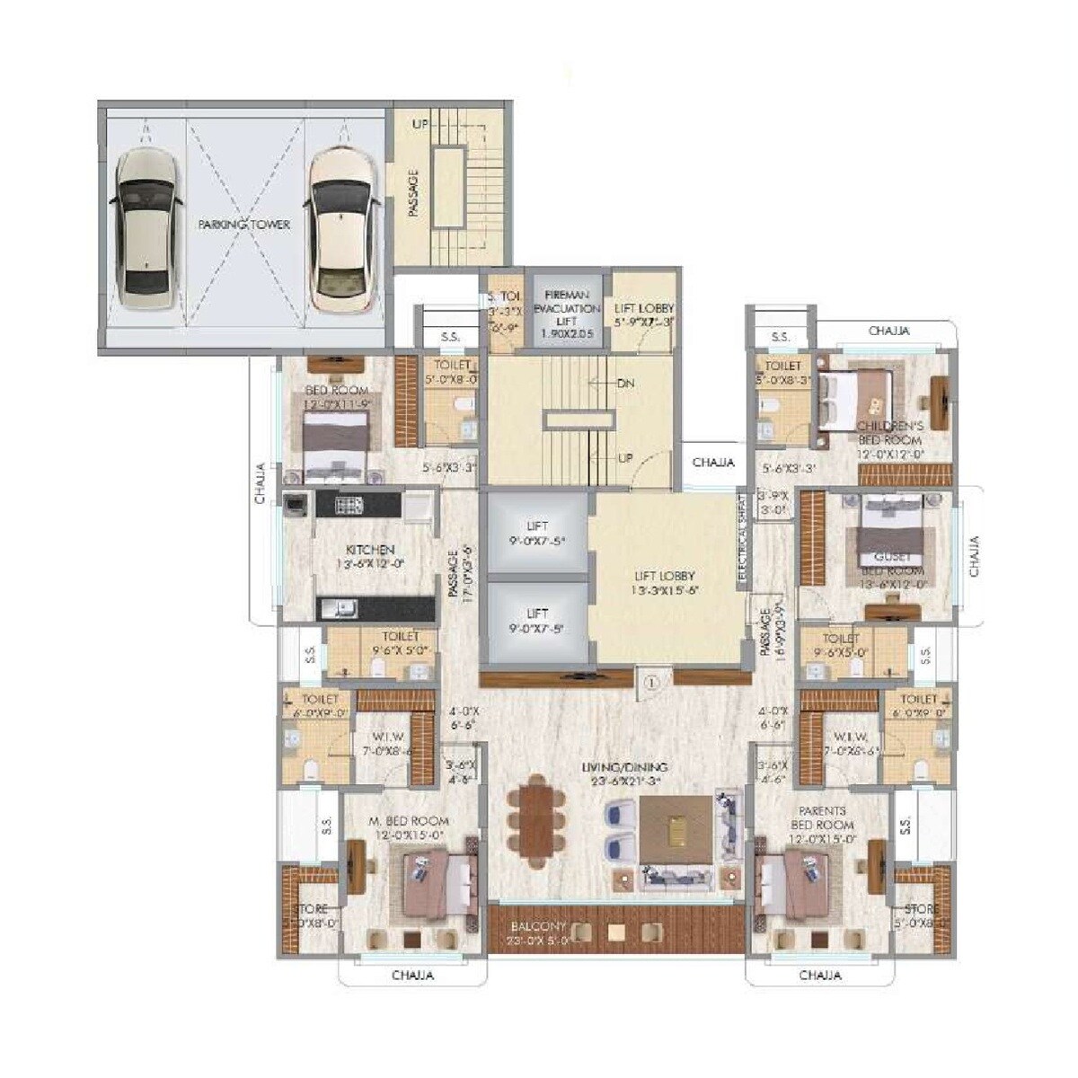 Floor plan of 5 BHK 2484 Sq. Ft. Apartment in Pllatinum Royale, Mumbai
