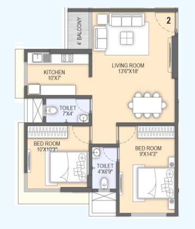 Floor plan of 2 BHK 575 Sq. Ft. Apartment in PM Chembur Deep Jyoti CHS, Mumbai