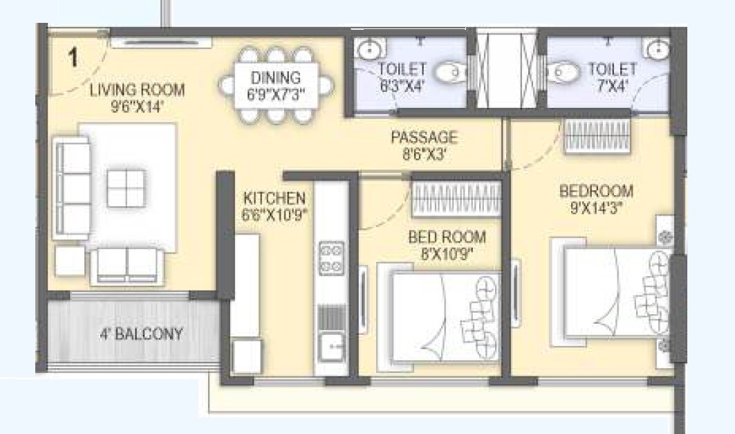 2 BHK 807 Sq. Ft. Apartment