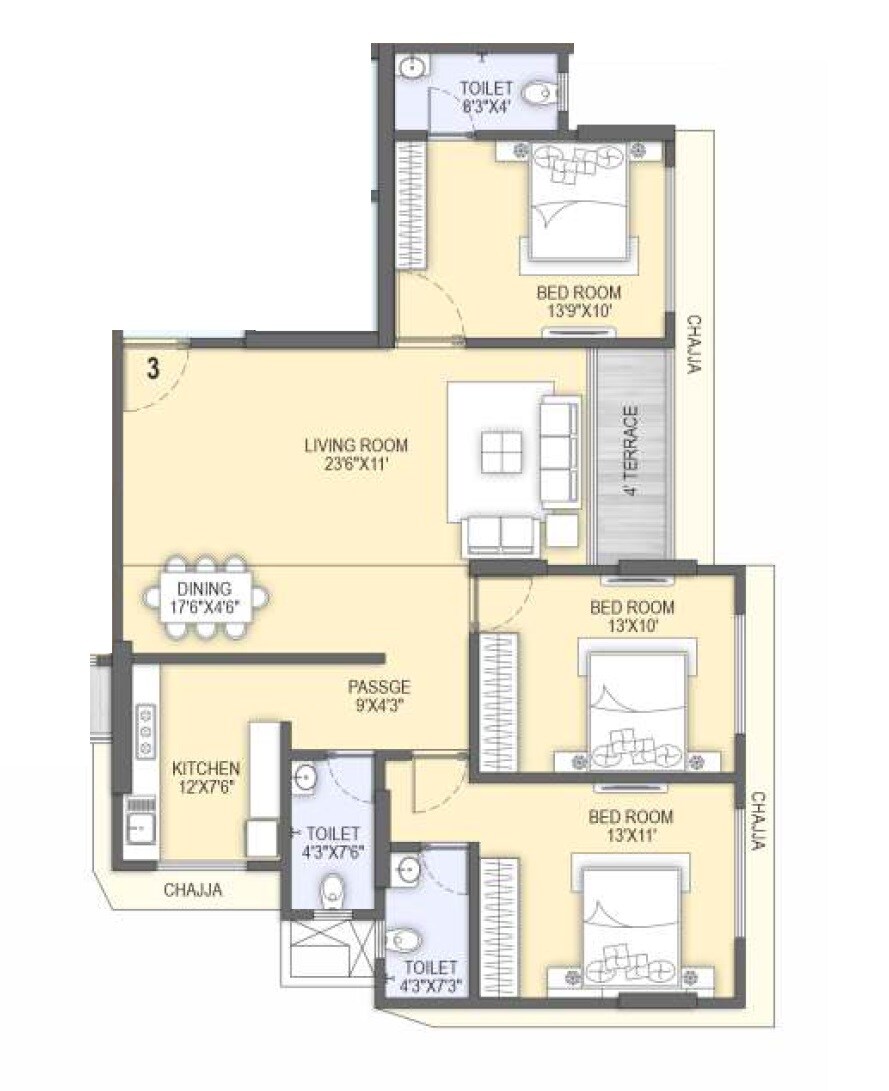 Floor plan of 3 BHK 1081 Sq. Ft. Apartment in PM Chembur Deep Jyoti CHS, Mumbai