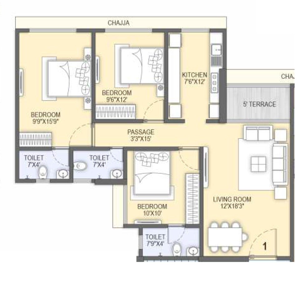 Floor plan of 3 BHK 915 Sq. Ft. Apartment in PM Chembur Deep Jyoti CHS, Mumbai