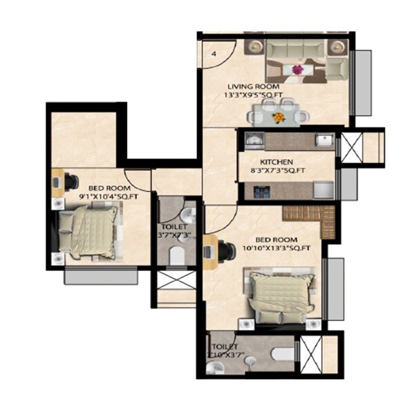 Floor plan of 2 BHK 576 Sq. Ft. Apartment in Podar Avanta Heights, Mumbai