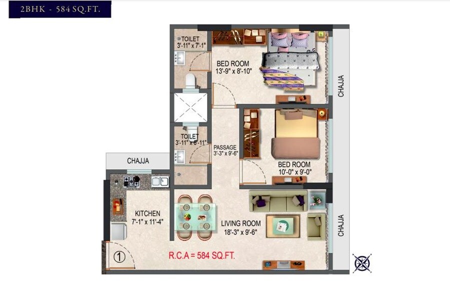 Floor plan of 2 BHK 584 Sq. Ft. Apartment in Poddar Harmony, Mumbai