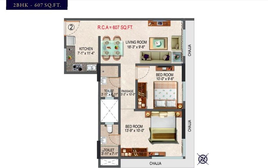 Floor plan of 2 BHK 607 Sq. Ft. Apartment in Poddar Harmony, Mumbai
