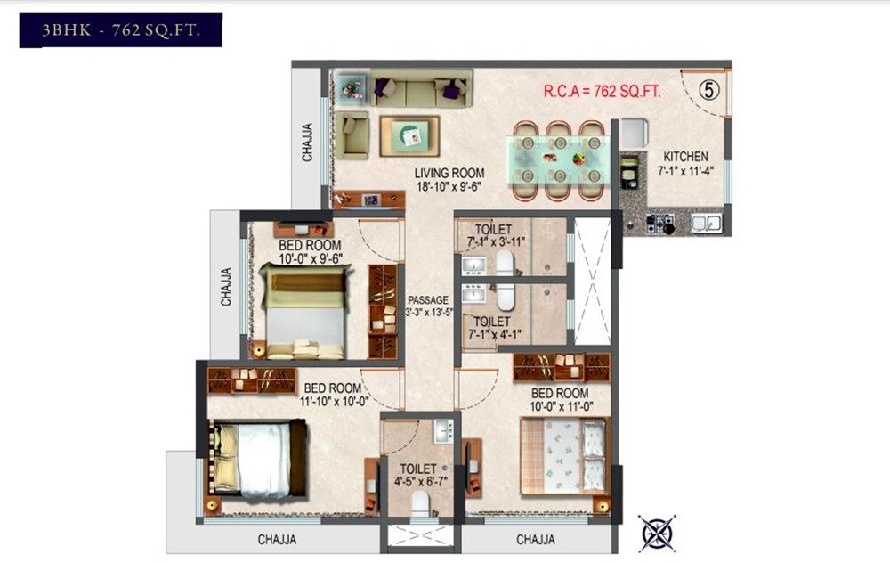 Floor plan of 3 BHK 762 Sq. Ft. Apartment in Poddar Harmony, Mumbai