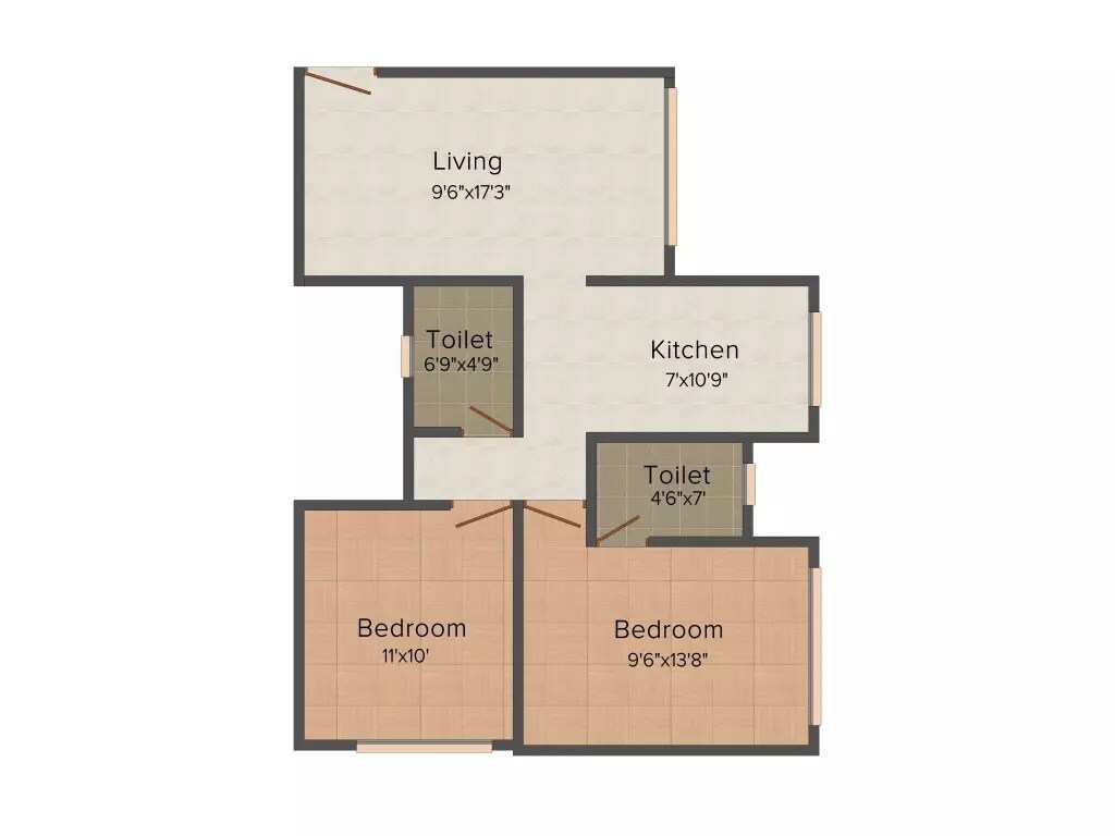 Floor plan of 2 BHK Apartment - 960 sq. ft. in Poddar Samadhan Apartments, Mumbai