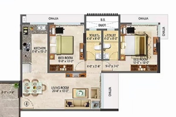 Floor plan of 2 BHK 592 Sq. Ft. Apartment in Poddar Satyam, Mumbai