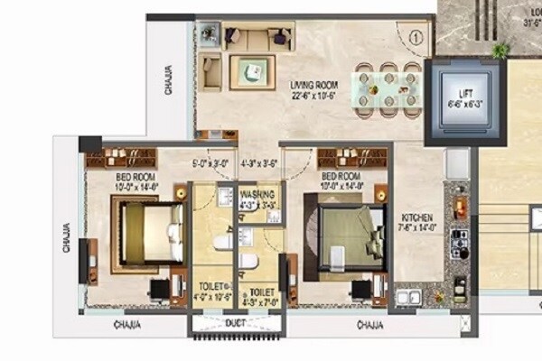 Floor plan of 2 BHK 653 Sq. Ft. Apartment in Poddar Satyam, Mumbai