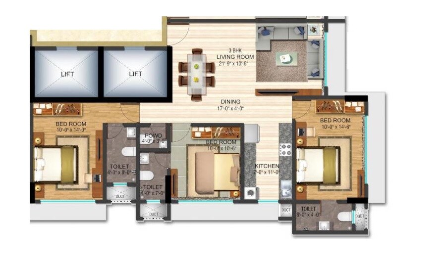 Floor plan of 3 BHK 943 Sq. Ft. Apartment in Poddar Sheel Enclave, Mumbai