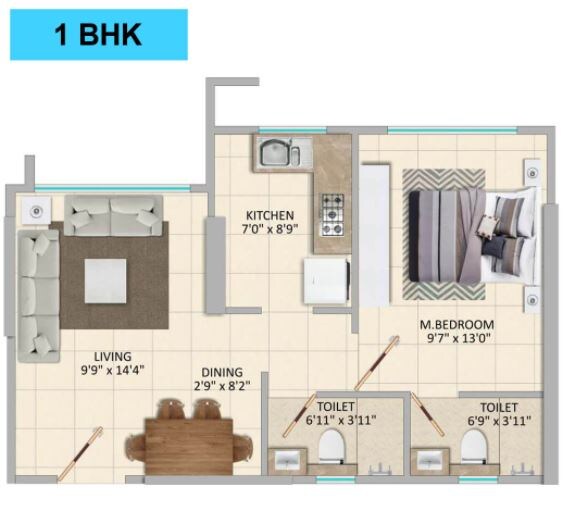 Floor plan of 1 BHK 438 Sq. Ft. Apartment in Poddar Spraha Diamond, Mumbai