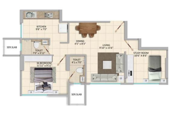Floor plan of 1 BHK 580 Sq. Ft. Apartment in Poddar Spraha Diamond, Mumbai