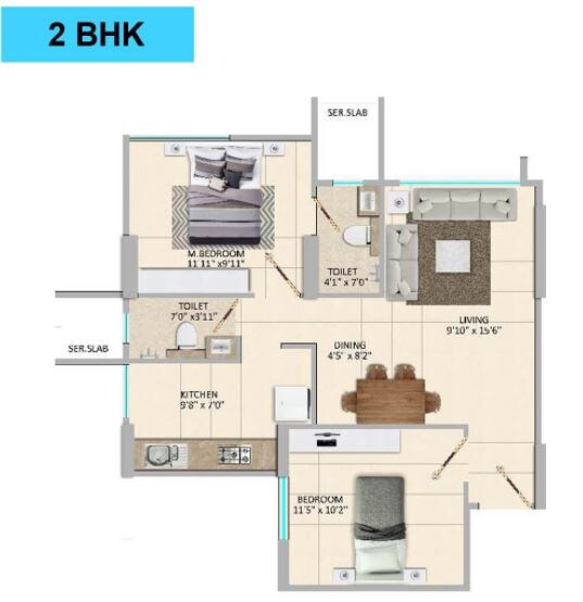 Floor plan of 2 BHK 623 Sq. Ft. Apartment in Poddar Spraha Diamond, Mumbai