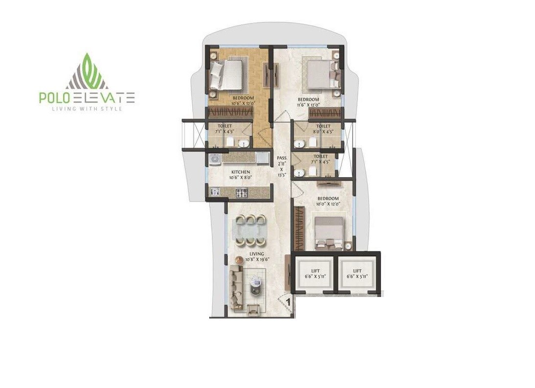Floor plan of 3 BHK 880 Sq. Ft. Apartment in Polo Gopal Terrace CHS, Mumbai