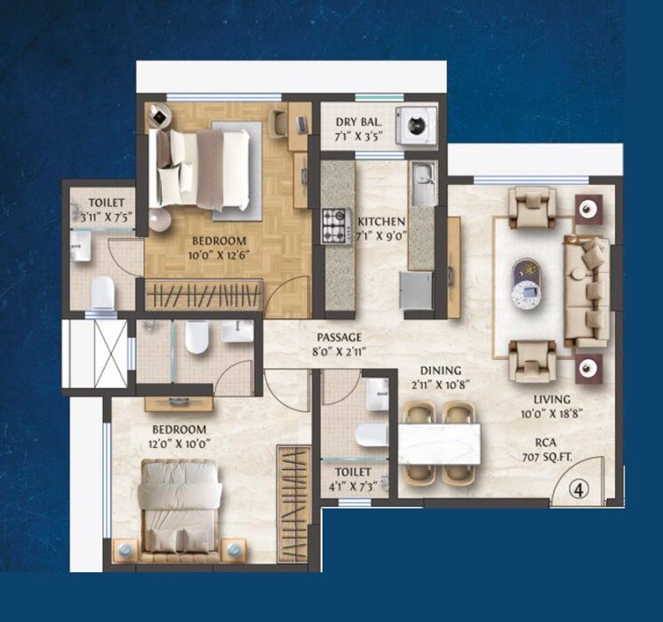 Floor plan of 2 BHK 707 Sq. Ft. Apartment in Polo Matrix, Mumbai