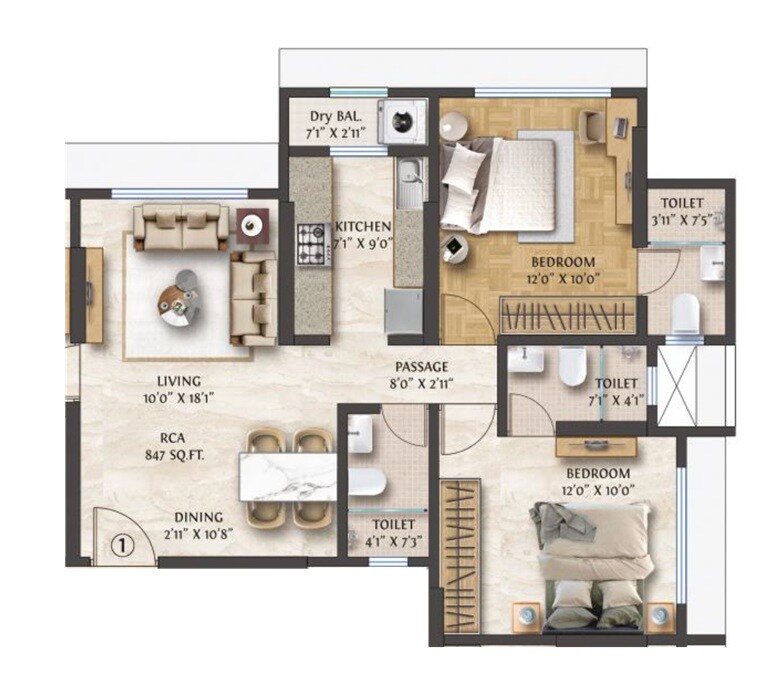 Floor plan of 2 BHK 847 Sq. Ft. Apartment in Polo Matrix, Mumbai