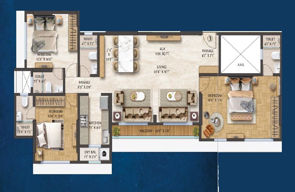 Floor plan of 3 BHK 1196 Sq. Ft. Apartment in Polo Matrix, Mumbai