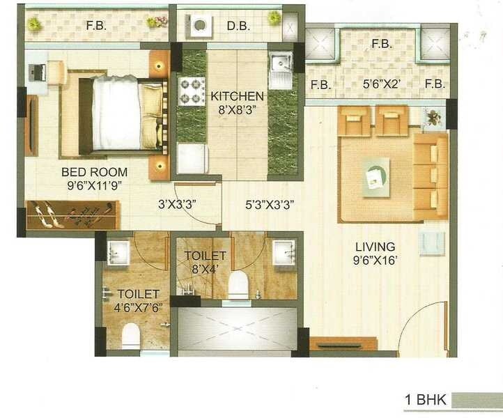 Floor plan of 1 BHK 640 Sq. Ft. Apartment in Poonam Heights, Mumbai