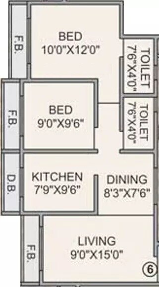 Floor plan of 2 BHK 810 Sq. Ft. Apartment in Poonam Heights, Mumbai
