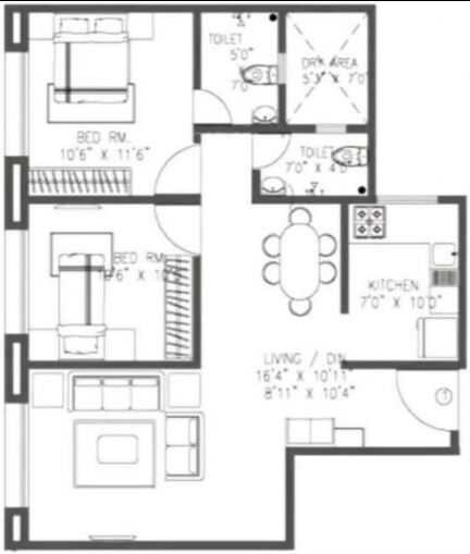 Floor plan of 3 BHK 1415 Sq. Ft. Apartment in Poonam Pinaki, Mumbai
