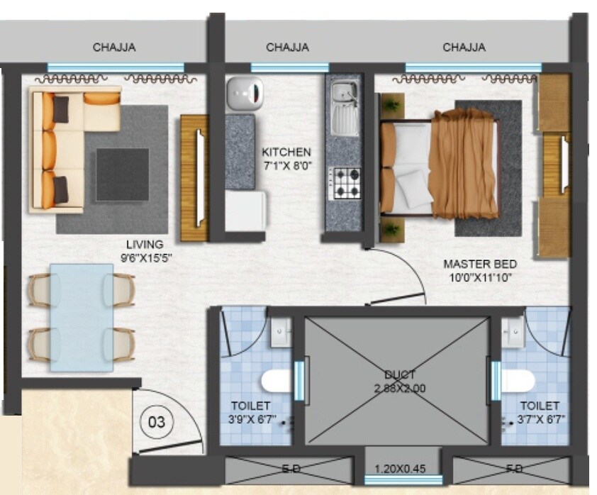 Floor plan of 1 BHK 434 Sq. Ft. Apartment in Poonam Vaishno Heights, Mumbai