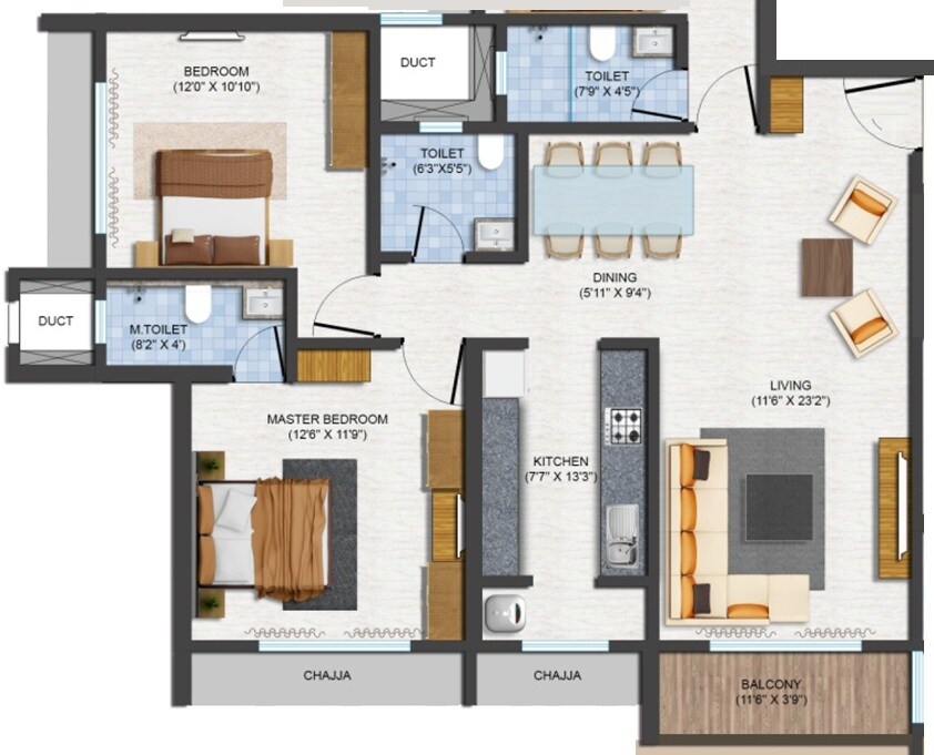 Floor plan of 3 BHK 1051 Sq. Ft. Apartment in Poonam Vaishno Heights, Mumbai