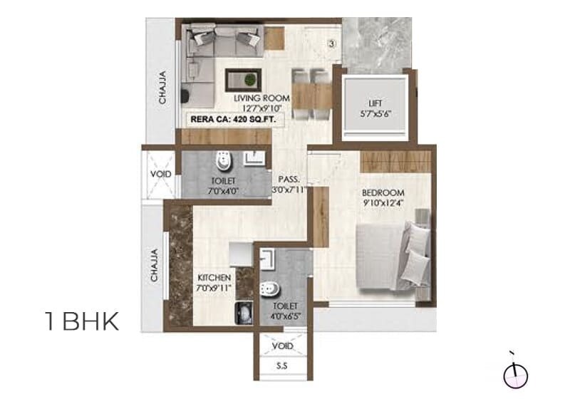 Floor plan of 1 BHK 420 Sq. Ft. Apartment in Popular Terrace CHS, Mumbai
