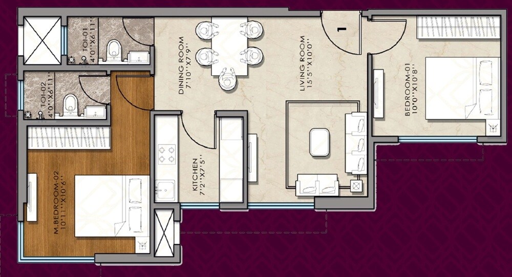 Floor plan of 2 BHK 583 Sq. Ft. Apartment in Posiedon Sukruti Samyra, Mumbai