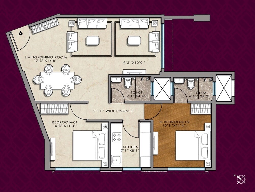 Floor plan of 2 BHK 733 Sq. Ft. Apartment in Posiedon Sukruti Samyra, Mumbai